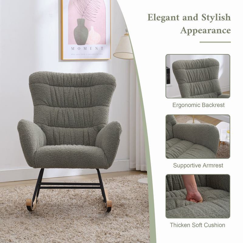 Supfirm Nursery Rocking Chair, Teddy Upholstered Glider Rocker, Rocking Accent Chair with High Backrest, Comfy Rocking Accent Armchair for Living Room, Bedroom, Offices, GREEN