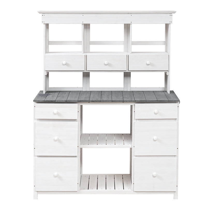 Supfirm [Video Provided] TOPMAX Garden Potting Bench Table, Rustic and Sleek Design with Multiple Drawers and Shelves for Storage, White and Gray