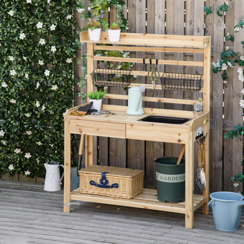 Supfirm Potting Bench Table, Garden Work Bench, Workstation with Metal Sieve Screen, Removable Sink, Additional Hooks and Baskets for Patio, Courtyards, Balcony, Natural