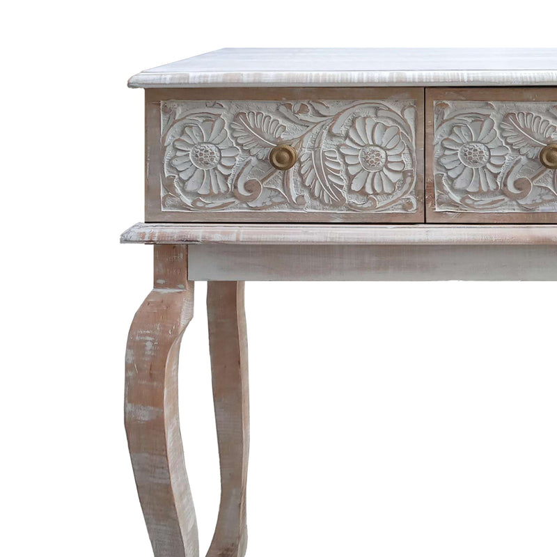 Supfirm 2 Drawer Mango Wood Console Table with Floral Carved Front, Brown and White