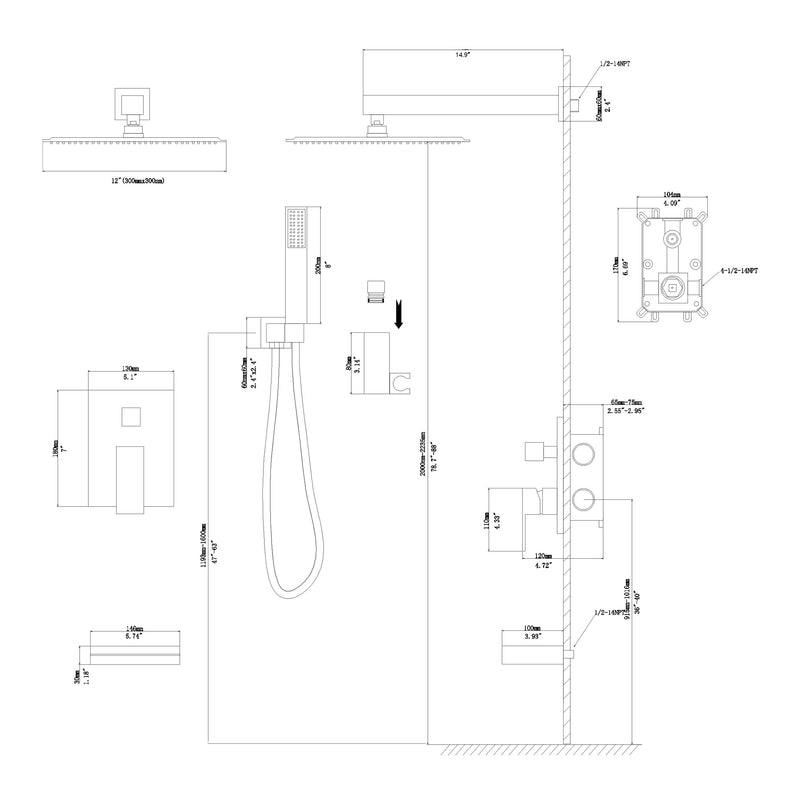 Supfirm Shower System with Waterfall Tub Spout,12 Inch Wall Mounted Square Shower System with Rough-in Valve,Matte black