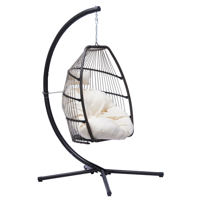 Supfirm Outdoor Patio Wicker Folding Hanging Chair,Rattan Swing Hammock Egg Chair With C Type Bracket , With Cushion And Pillow