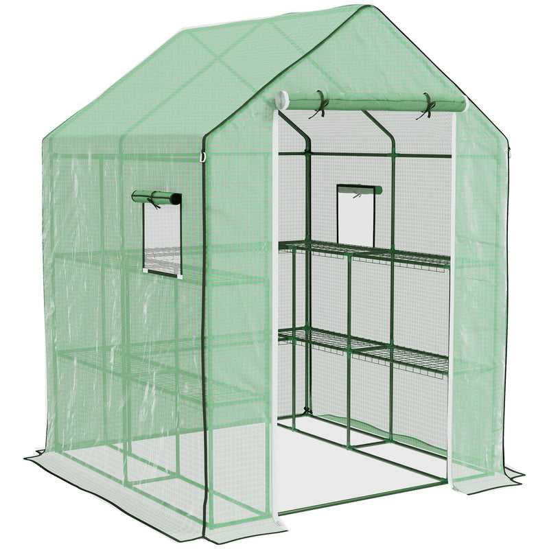 Supfirm 4.6' x 4.7' Portable Greenhouse, Water/UV Resistant Walk-In Small Outdoor Greenhouse with 2 Tier U-Shaped Flower Rack Shelves, Roll Up Door & Windows, Green