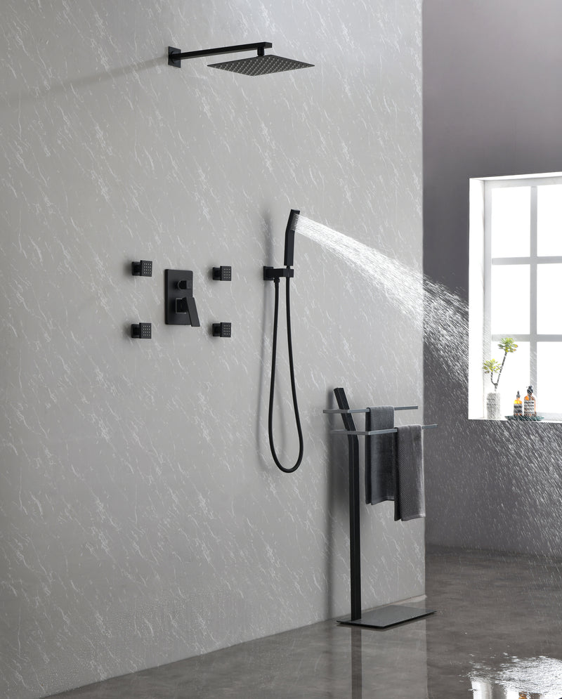 Supfirm Shower System, 10-Inch Matte Black Full Body Shower System with Body Jets, Square Rainfall Shower Head, Handheld Shower, and 3 Functions Pressure Balance Shower Valve, Bathroom Luxury Faucet Set.