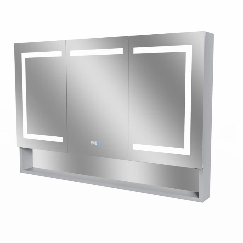 Supfirm Lighted Medicine Cabinet 48 x 32 Inch, Recessed or Surface , Clock, Room Temp Display,Defog,Night Light,Stepless Dimming,3000K-6400K, Outlets & USBs,Double Sided Mirror.Silver External Storage Shelf. - Supfirm