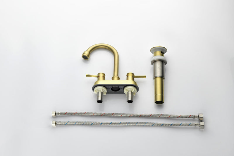 Supfirm 4 Inch 2 Handle Centerset  gold Lead-Free Bathroom Faucet, with Copper Pop Up Drain and 2 Water Supply Lines