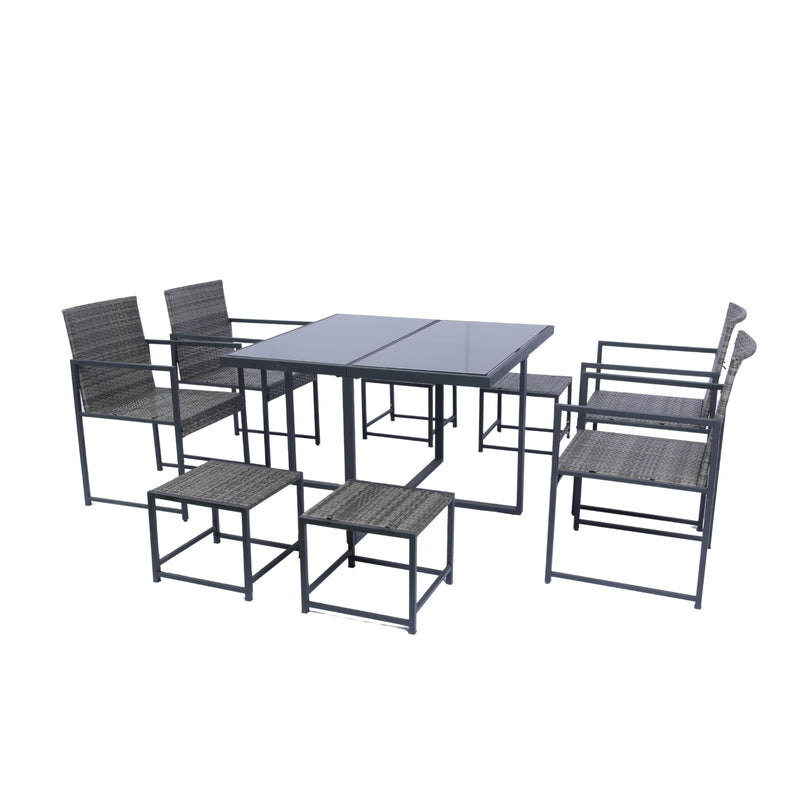 Supfirm 9 Pieces Patio Dining Sets Outdoor Space Saving Rattan Chairs with Glass Table Top Grey Wicker + Dark Grey Cushion