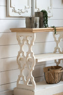 Supfirm 35.5" x 14" x 32" Distressed White and Natural Wood Shelf Tray, French Country Console Table