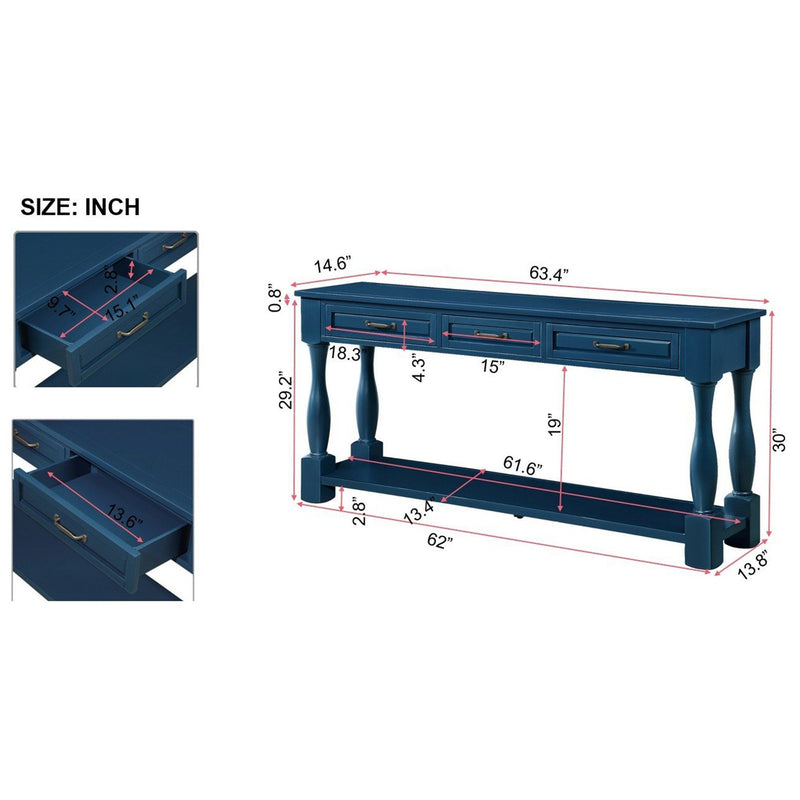 Supfirm 63inch Long Wood Console Table with 3 Drawers and 1 Bottom Shelf for Entryway Hallway Easy Assembly Extra-thick Sofa Table( Navy Blue)