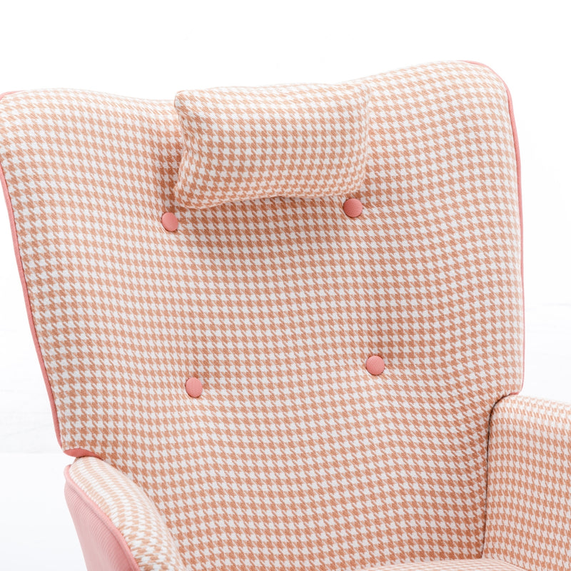 Supfirm 35.5 inch Rocking Chair, Soft Houndstooth Fabric Leather Fabric Rocking Chair for Nursery, Comfy Wingback Glider Rocker with Safe Solid Wood Base for Living Room Bedroom Balcony (pink)