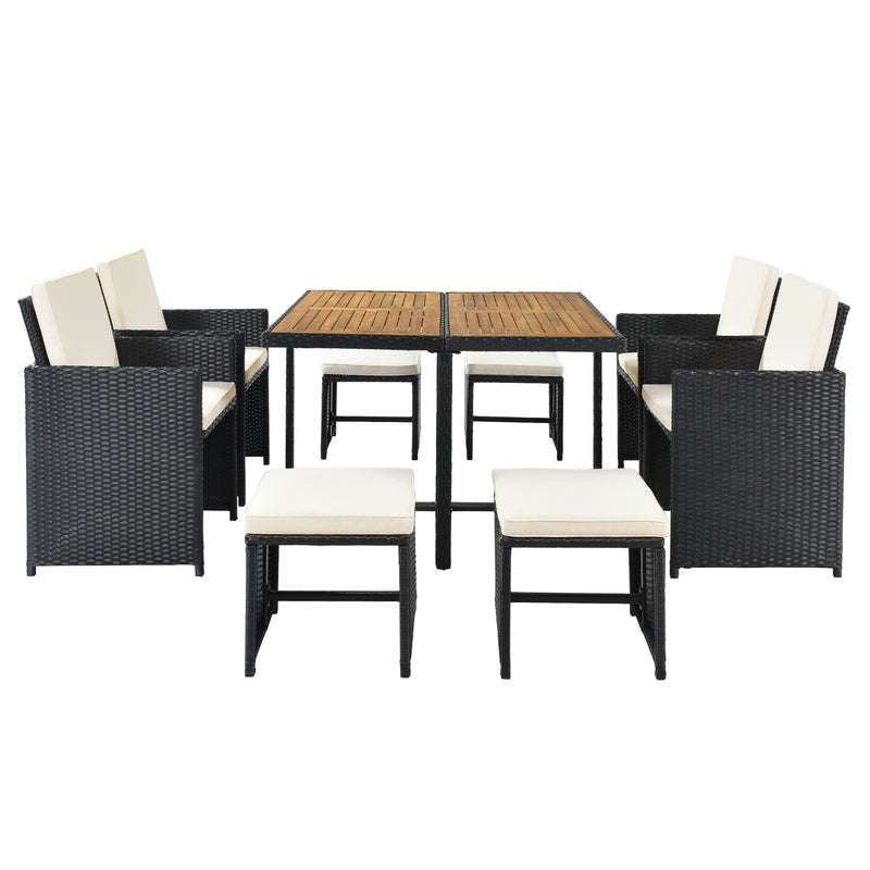 Supfirm TOPMAX Patio All-Weather PE Wicker Dining Table Set with Wood Tabletop for 8, Black Rattan+Beige Cushion (9-Piece)