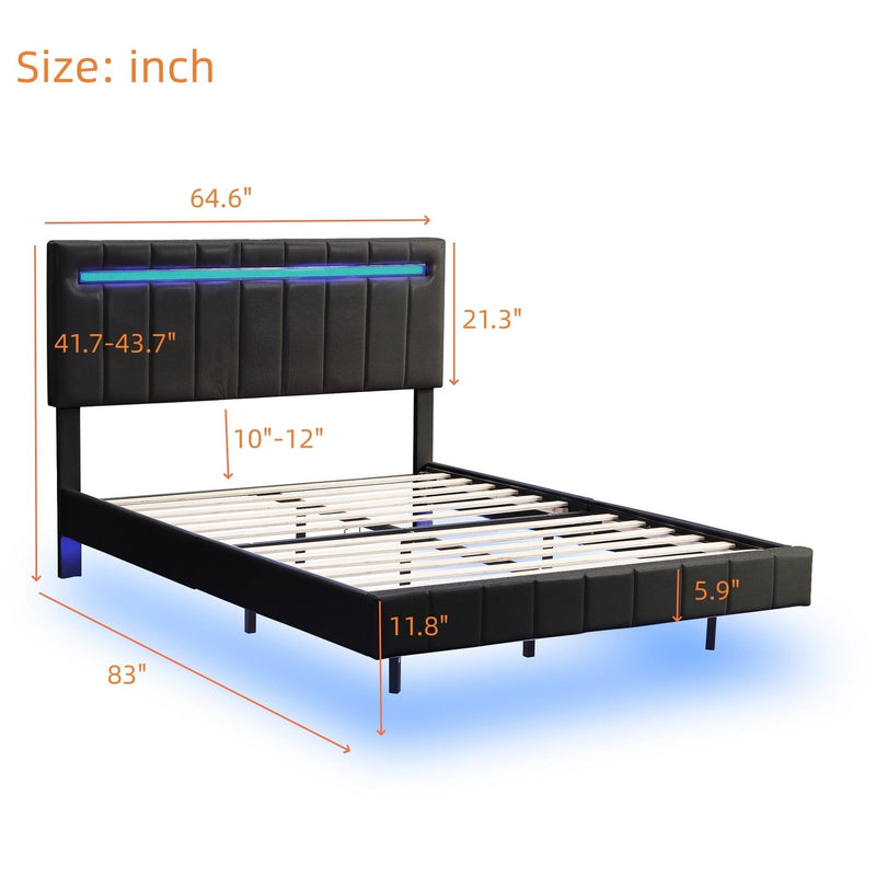 Queen Size Floating Bed Frame with LED Lights and USB Charging,Modern Upholstered Platform LED Bed Frame,Black - Supfirm