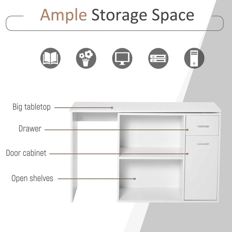 Supfirm L Shaped Computer Desk, 180° Rotating Corner Desk with Storage Shelves, Drawer and Cabinet, Study Workstation for Home Office, White