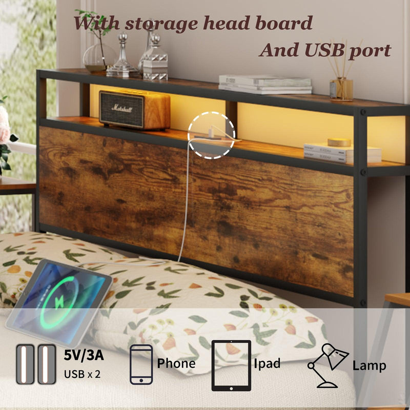 Industrial Full Bed Frame with LED Lights and 2 USB Ports, Bed Frame Full Size with Storage, Noise Free, No Box Spring Needed, Rustic Brown - Supfirm