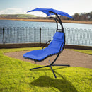 Supfirm Hanging Chaise Lounger with Removable Canopy, Outdoor Swing Chair with Built-in Pillow, Hanging Curved Chaise Lounge Chair Swing for Patio Porch Poolside, Hammock Chair with Stand (Navt)