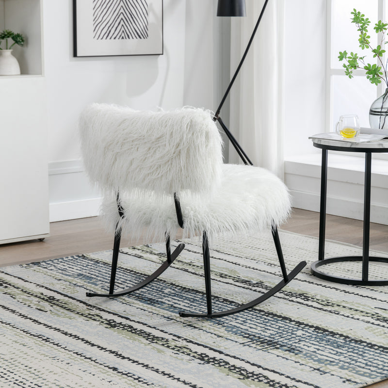 Supfirm 25.2'' Wide Faux Fur Plush Nursery Rocking Chair, Baby Nursing Chair with Metal Rocker, Fluffy Upholstered Glider Chair, Comfy Mid Century Modern Chair for Living Room, Bedroom (Ivory)