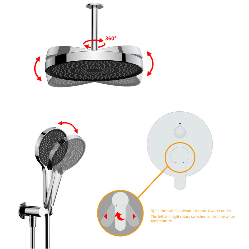 Supfirm Shower System, Ultra-thin Wall Mounted Shower Faucet Set for Bathroom with High Pressure 12" Stainless Steel Rain Shower head Handheld Shower Set, 2 Way Pressure Balance Shower Valve Kit,Chrome