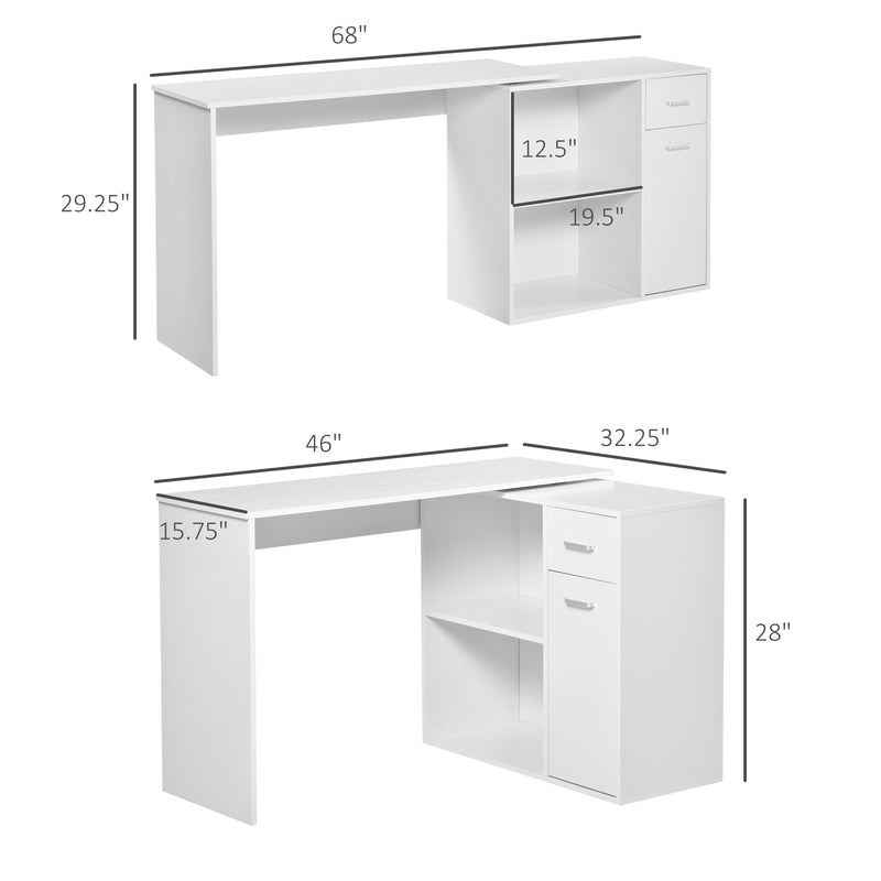 Supfirm L Shaped Computer Desk, 180° Rotating Corner Desk with Storage Shelves, Drawer and Cabinet, Study Workstation for Home Office, White