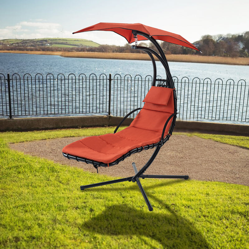 Supfirm Hanging Chaise Lounger with Removable Canopy, Outdoor Swing Chair with Built-in Pillow, Hanging Curved Chaise Lounge Chair Swing for Patio Porch Poolside, Hammock Chair with Stand (Orange)