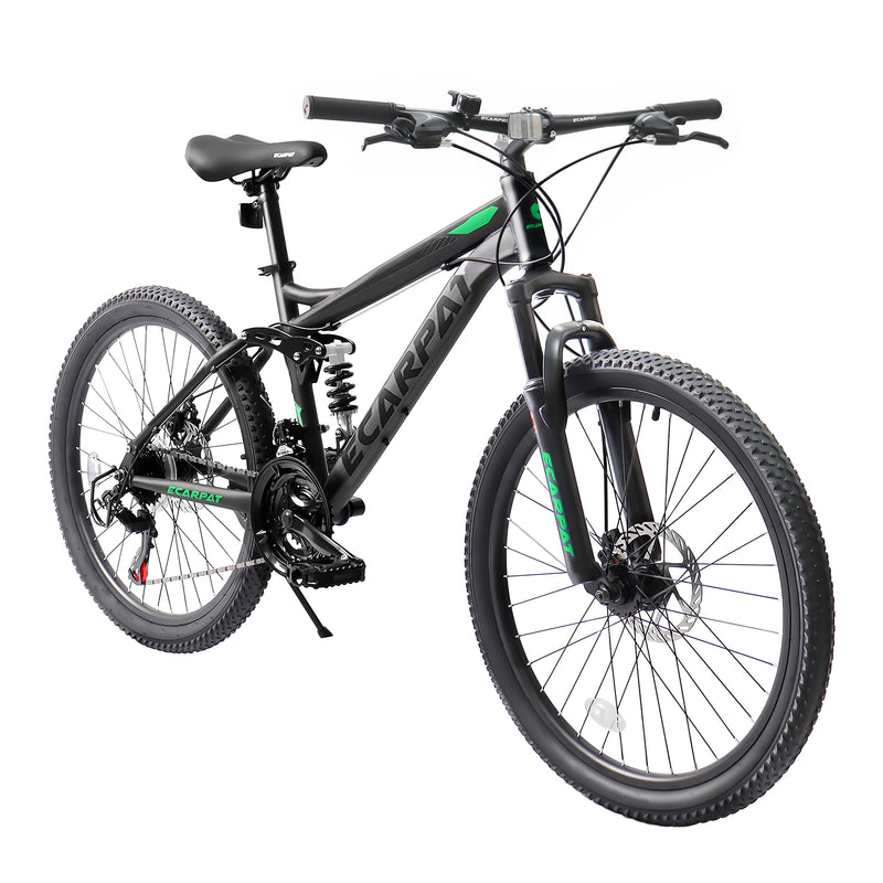 Supfirm A2660 Ecarpat Mountain Bike 26 Inch Wheels, 21-Speed Full Suspension Mens Womens Trail Commuter City Mountain Bike, Carbon Steel Frame Disc Brakes Thumb Shifter Front Fork Rear Shock Absorber Bicycles