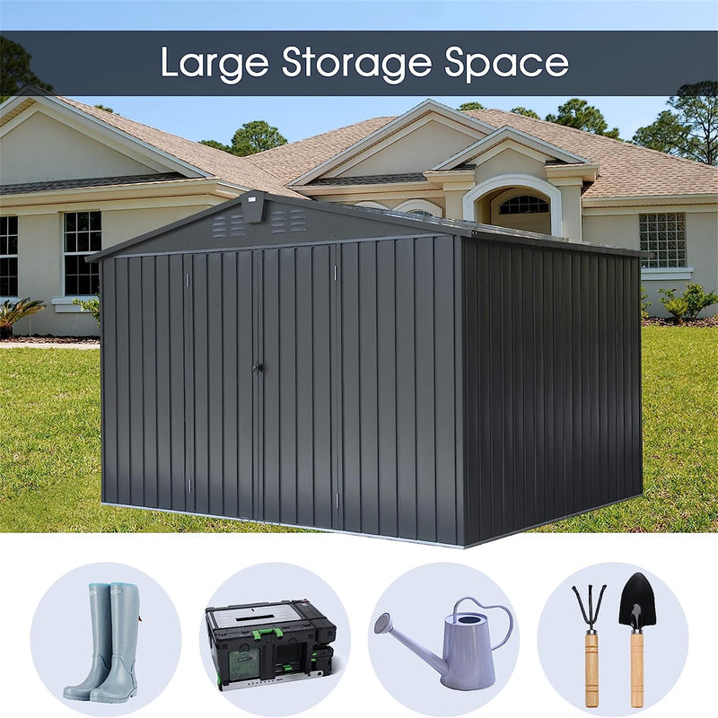 Supfirm Outdoor Storage Shed 10'x 8', Metal Garden Shed for Bike, Trash Can, Tools, Galvanized Steel Outdoor Storage Cabinet with Lockable Door for Backyard, Patio, Lawn (10x8ft, Black)