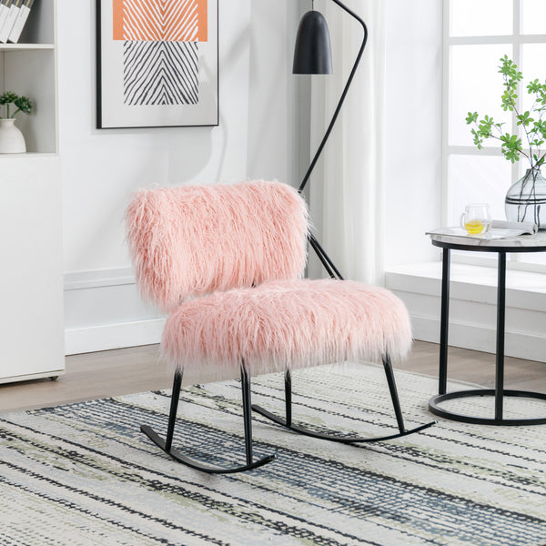 Supfirm 25.2'' Wide Faux Fur Plush Nursery Rocking Chair, Baby Nursing Chair with Metal Rocker, Fluffy Upholstered Glider Chair, Comfy Mid Century Modern Chair for Living Room, Bedroom (Pink)