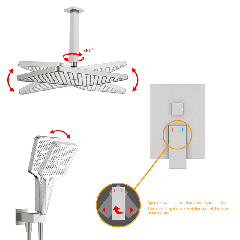 Supfirm Shower System, Ultra-thin Wall Mounted Shower Faucet Set for Bathroom with High Pressure Big Size Stainless Steel Rain Shower head Handheld Shower Set, 12 inch square large panel, Brushed Nickel