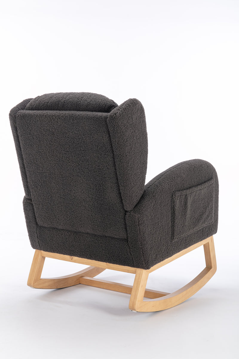 Supfirm 049-Teddy Fabric Rocking Chair With Packet Wood Legs,Dark Gray