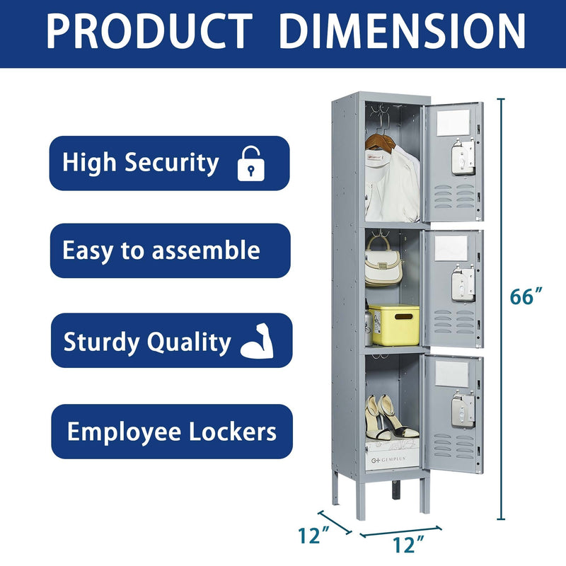 Supfirm 3 Door 66"H Metal Lockers With Lock for Employees,Storage Locker Cabinet  for Home Gym Office School Garage,Gray