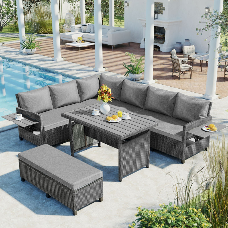 Supfirm TOMAX 5-Piece Outdoor Patio Rattan Sofa Set, Sectional PE Wicker L-Shaped Garden Furniture Set with 2 Extendable Side Tables, Dining Table and Washable Covers for Backyard, Poolside, Indoor, Gray