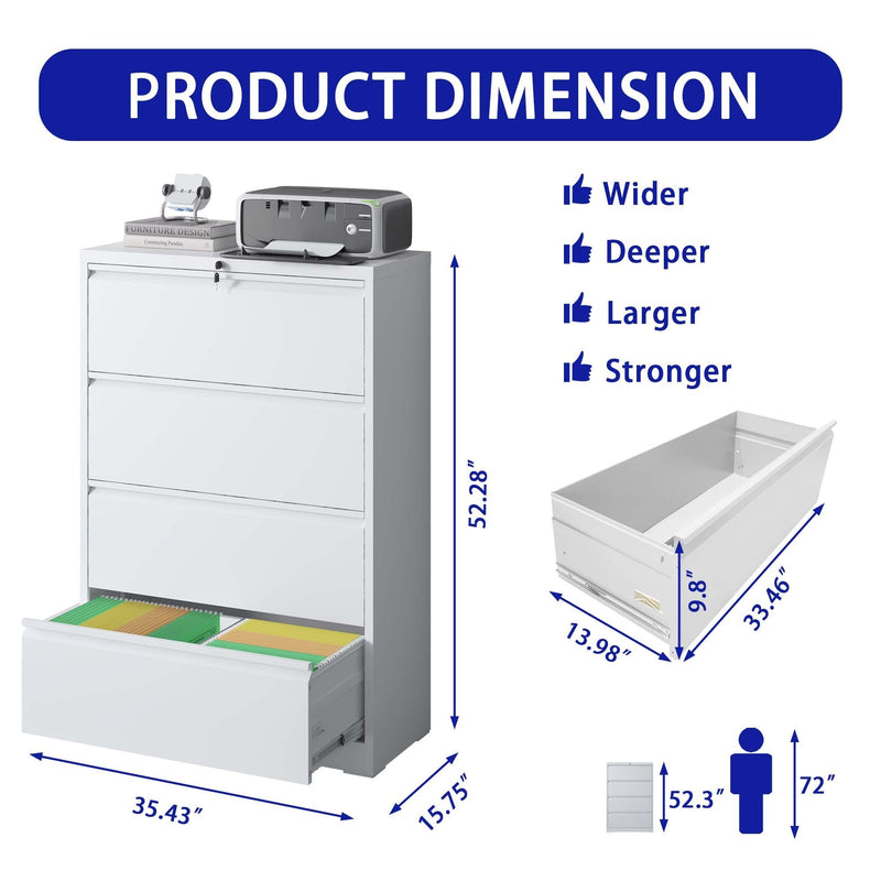 Supfirm Lateral File Cabinet 4 Drawer, White Filing Cabinet with Lock, Lockable File Cabinet for Home Office, Locking Metal File Cabinet for Legal/Letter/A4/F4 Size