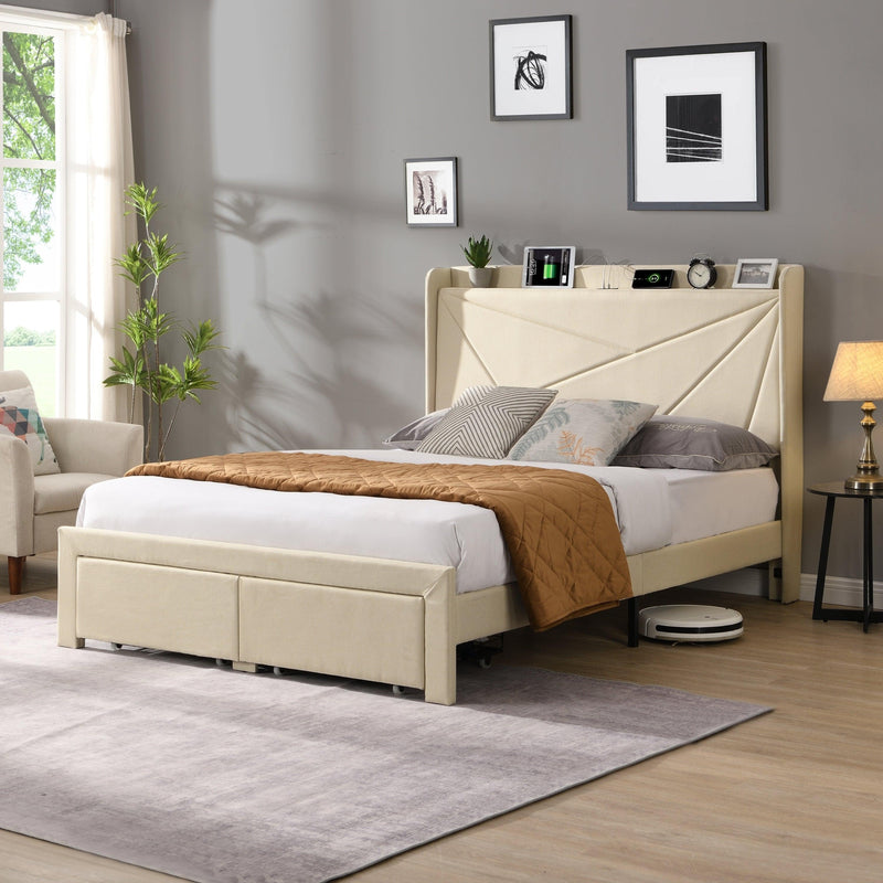 Full Size Bed Frame with 2 Storage Drawers, Upholstered Bed Frame with Wingback Headboard Storage Shelf Built-in USB Charging Stations and Strong Wood Slats Support, No Box Spring Needed, Beige - Supfirm