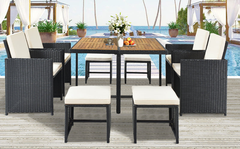 Supfirm TOPMAX Patio All-Weather PE Wicker Dining Table Set with Wood Tabletop for 8, Black Rattan+Beige Cushion (9-Piece)