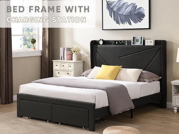 Queen Size Bed Frame with 2 Storage Drawers, Upholstered Bed Frame with Wingback Headboard Storage Shelf Built-in USB Charging Stations and Strong Wood Slats Support, No Box Spring Needed, Dark Gray - Supfirm