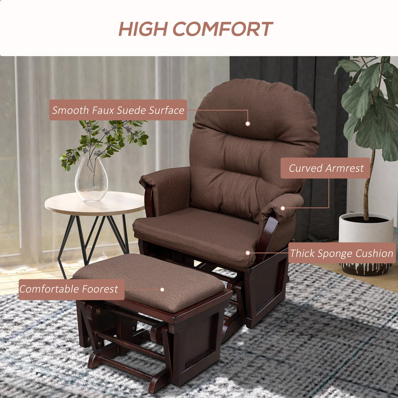 Supfirm HOMCOM Nursery Glider Rocking Chair with Ottoman, Thick Padded Cushion Seating and Wood Base, Brown