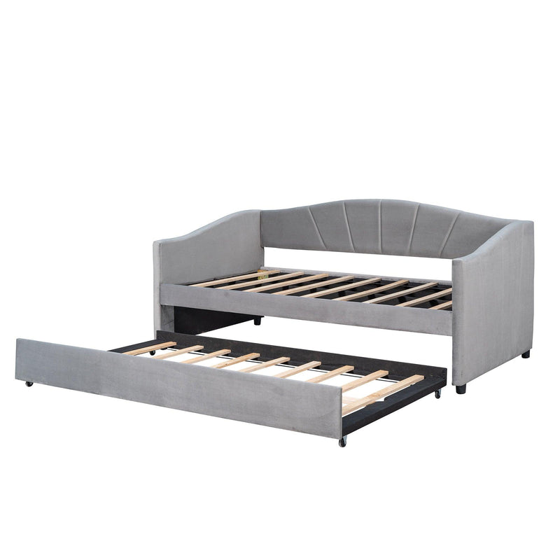 Upholstered Daybed Sofa Bed Twin Size With Trundle Bed and Wood Slat ,Gray - Supfirm