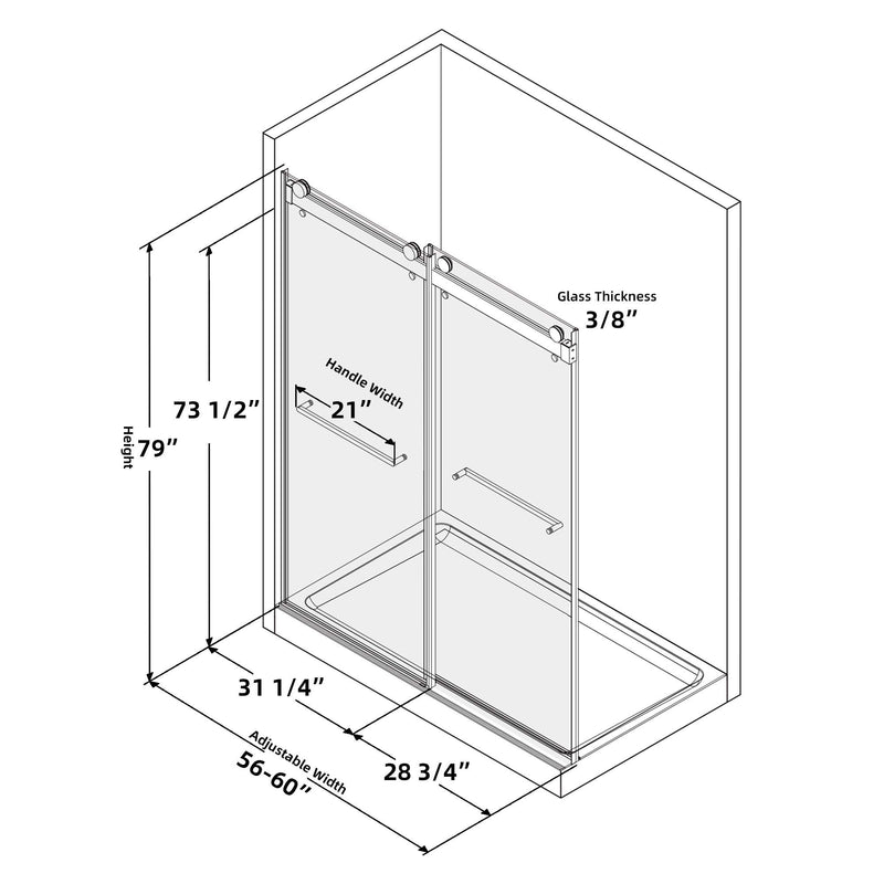 Supfirm Frameless Double Sliding Shower, 57" - 60" Width, 79" Height, 3/8" (10 mm) Clear Tempered Glass, , Designed for Smooth Door with Clear Tempered Glass and Stainless Steel Hardware Brushed Nickel