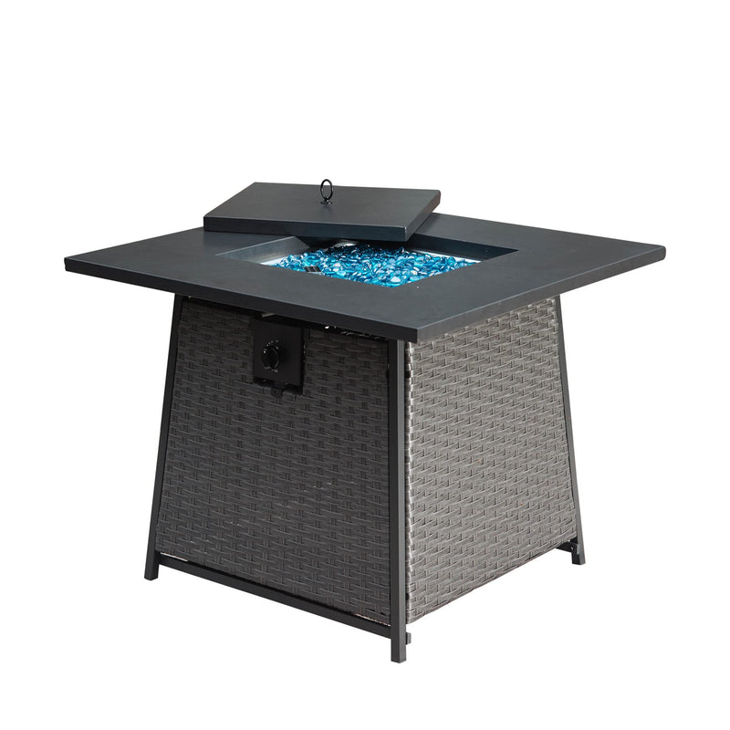 Supfirm 32 Inch Propane Fire Pits Table with Blue Glass Ball,50,000 BTU Outdoor Wicker Fire Table with ETL-Certified,2-in-1 Square Steel Gas Firepits (Dark Gray)