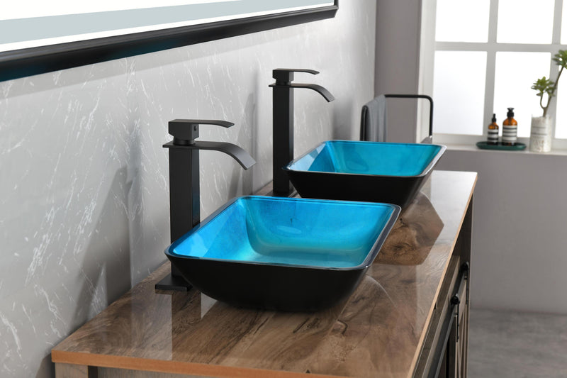 Supfirm 18.125" L -13.0" W -4 1/8" H Handmade Countertop Glass Rectangular Vessel Bathroom Sink Set in Turquoise Finish with Matte Black Single-Handle Single Hole Faucet and Pop Up Drain