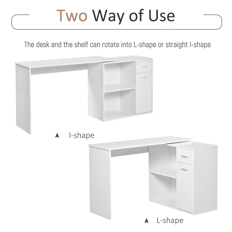 Supfirm L Shaped Computer Desk, 180° Rotating Corner Desk with Storage Shelves, Drawer and Cabinet, Study Workstation for Home Office, White