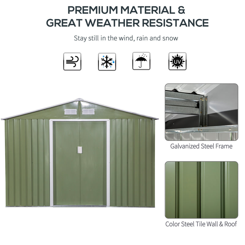 Supfirm 9' x 6' Outdoor Storage Shed, Garden Tool House with Foundation, 4 Vents, and 2 Easy Sliding Doors for Backyard, Patio, Garage, Lawn, Green