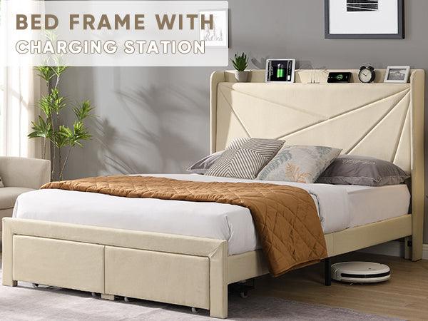 Full Size Bed Frame with 2 Storage Drawers, Upholstered Bed Frame with Wingback Headboard Storage Shelf Built-in USB Charging Stations and Strong Wood Slats Support, No Box Spring Needed, Beige - Supfirm