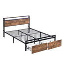 Full Size Bed Frame with Storage Headboard and 2 Drawers, LED Lights Bed with Charging Station, Metal Platform Bed No Noise, Mattress Foundation Strong Metal Slats Support No Box Spring Needed - Supfirm