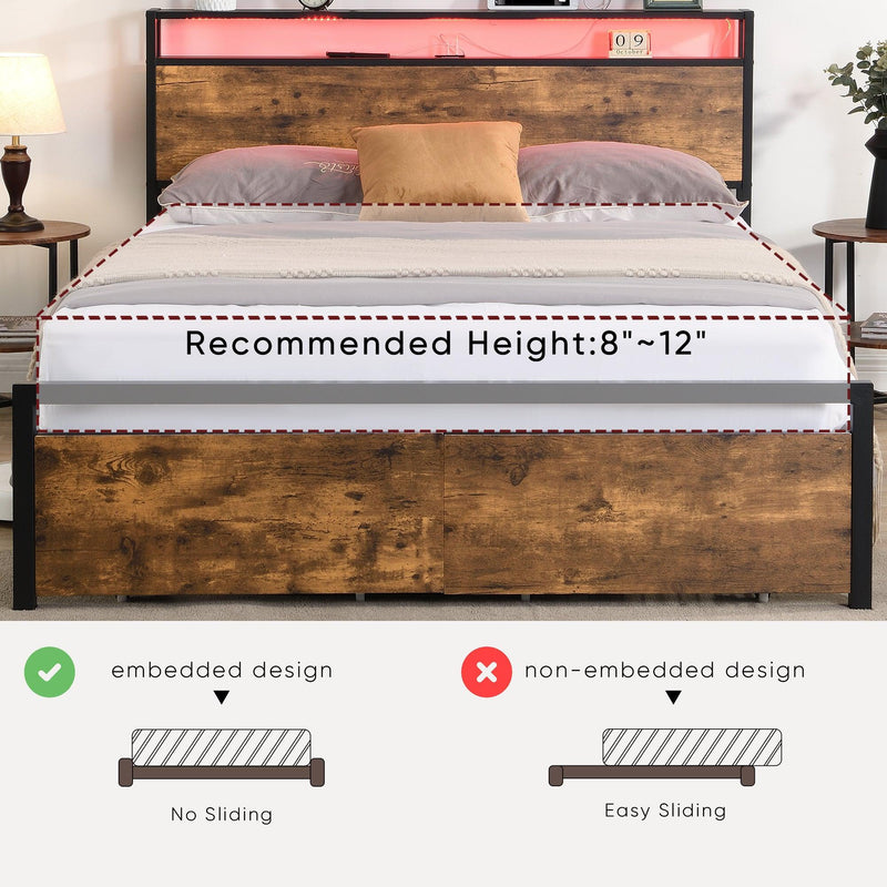 Full Size Bed Frame with Storage Headboard and 2 Drawers, LED Lights Bed with Charging Station, Metal Platform Bed No Noise, Mattress Foundation Strong Metal Slats Support No Box Spring Needed - Supfirm