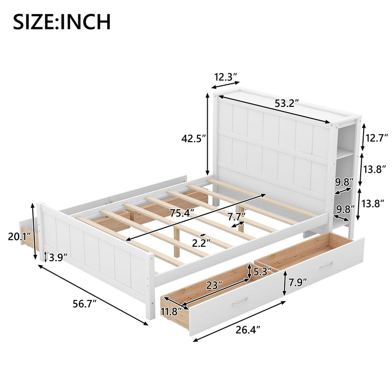 Full Size Platform Bed with Drawers and Storage Shelves, White - Supfirm