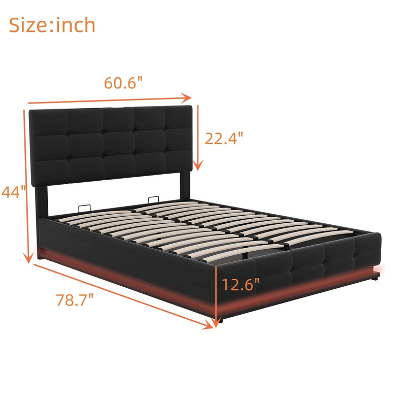 Full Size Tufted Upholstered Platform Bed with Hydraulic Storage System,PU Storage Bed with LED Lights and USB charger, Black - Supfirm