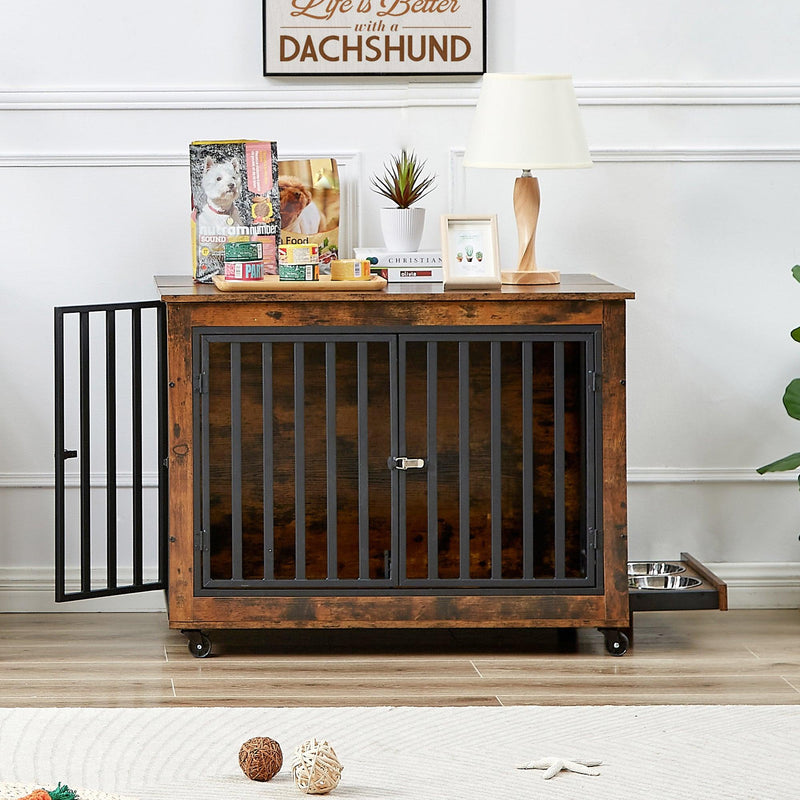 Furniture Style Dog Crate Side Table With Feeding Bowl, Wheels, Three Doors, Flip-Up Top Opening. Indoor, Rustic Brown, 38.58"W x 25.2"D x 27.17"H - Supfirm