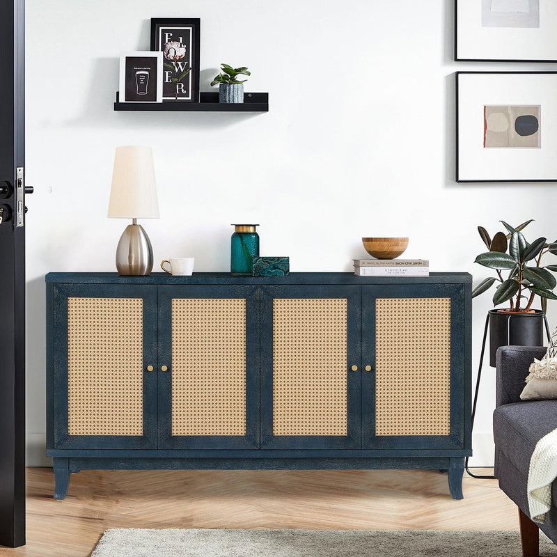 Handcrafted Premium Grain Panels,Rattan Sideboard Buffer Cabinet,Accent Storage Cabinet With 4 Rattan Doors, Modern Storage Cupboard Console Table with Adjustable Shelves for Living Room ,BLUE - Supfirm