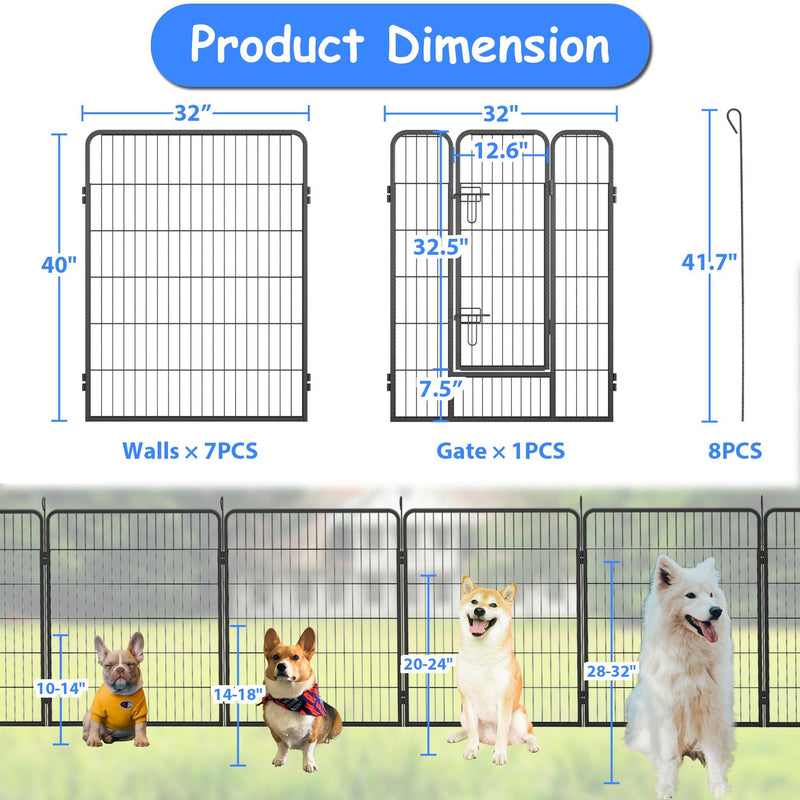 Heavy Duty Dog Pens Outdoor Dog Fence Dog Playpen for Large Dogs, 40"Dog Kennel Outdoor Pet Playpen with Doors 8 Panels Metal Exercise Pens Puppy Playpen Temporary Camping Fence for the Yard - Supfirm