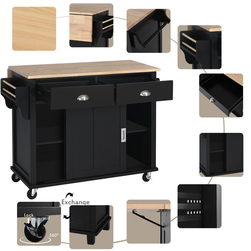 Kitchen Cart with Rubber wood Drop-Leaf Countertop, Concealed sliding barn door adjustable height,Kitchen Island on 4 Wheels with Storage Cabinet and 2 Drawers,L52.2xW30.5xH36.6 inch, Black - Supfirm